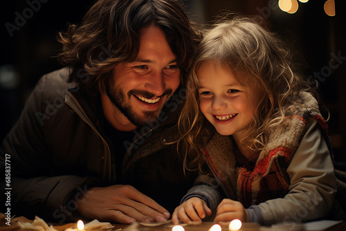 Happy man and young girl smiling with candles on a winter night