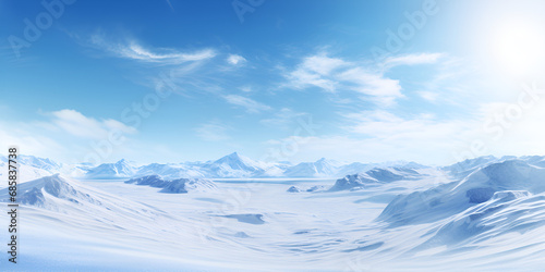 Enchanting Vista: Endless Snowy Plains with Majestic Hills and a Seamless Blanket of Pristine White on Isolated Canvas photo