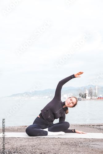 sports workout outdoor.Fit,Retreat,wellness.Woman exercising outdoors sea.Health, nature, fitness, yoga,eco fit.mental health.Wellness, exercise, physical health,gym nature