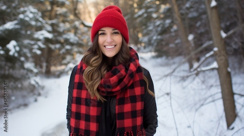 Craft a picture of a cozy blanket scarf in a classic buffalo check pattern, perfect for winter outings.