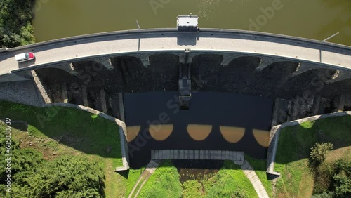 Stone dam with an arch bridge The dam of the Sedlice reservoir by Humpolec city, Vysocina region Czech republic Kamenná hráz s obloukovým mostem Hráz vodní nádrže Sedlice aerial scenic panorama view	
 photo