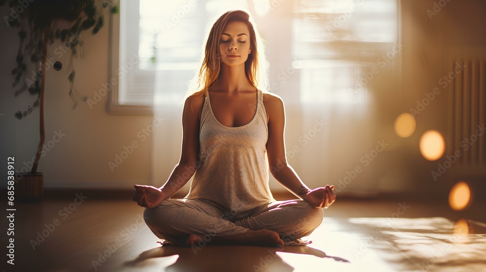 Meditation, woman in lotus pose on living room floor for peace, mental health and wellness at home. Yoga, breathing and exercise by female meditating in a lounge for zen, chakra training. generative A