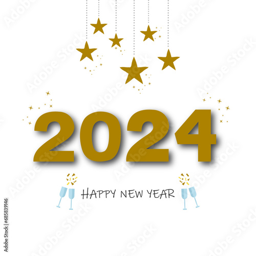 New year 2024 sign, lettering in gold colors, illustration and vector with fireworks and celebratory glasses.