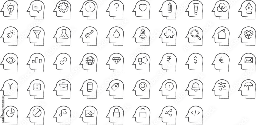 Mind thinking hand drawn icons set, including icons such as View, Mind, head, think, Analytics, and more. pencil sketch vector icon collection