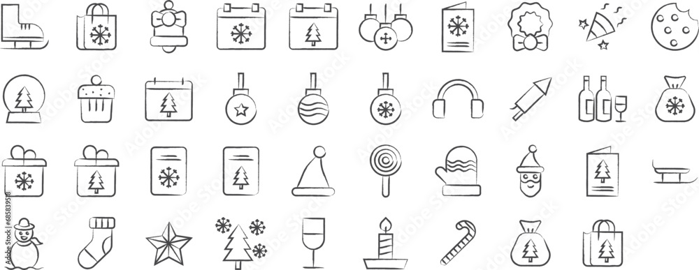 Christmas and Winter hand drawn icons set, including icons such as Cookie, Crystal, Decoration Ball, Firework, Gift, and more. pencil sketch vector icon collection