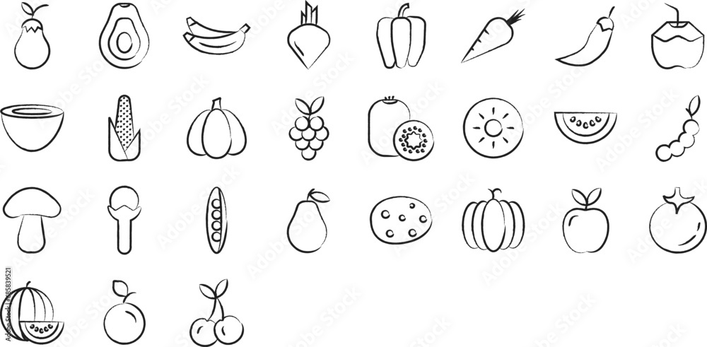 Fruits and vegetables hand drawn icons set, including icons such as Apple, Aubergine, Avocado, Beet, Banana, Banana, and more. pencil sketch vector icon collection