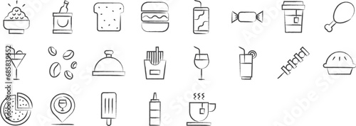 Food and drinks hand drawn icons set, including icons such as Rice bowl, Beer, Bread, Burger, Candy, and more. pencil sketch vector icon collection