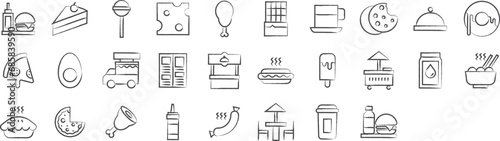 Bakery and fast food hand drawn icons set, including icons such as Burger, Cake, Candy, Cheese, Chicken, and more. pencil sketch vector icon collection