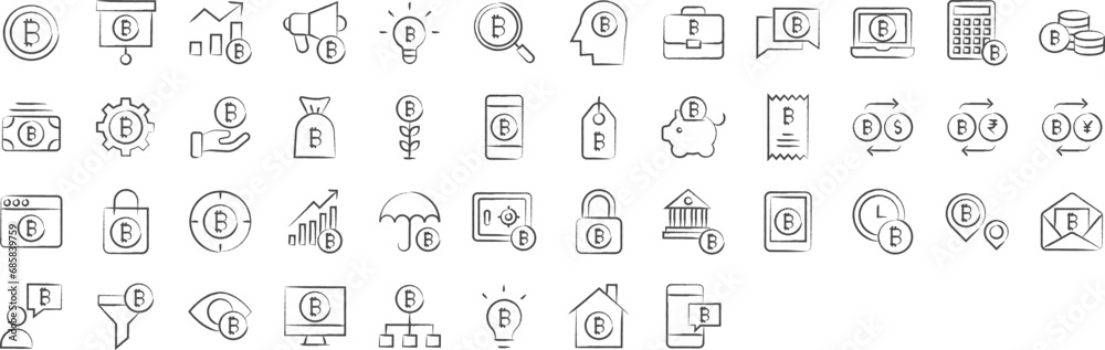 Cryptocurrency and bitcoin hand drawn icons set, including icons such as Cryptocurrenc, bitcoin, Investment, network, blockchain, and more. pencil sketch vector icon collection