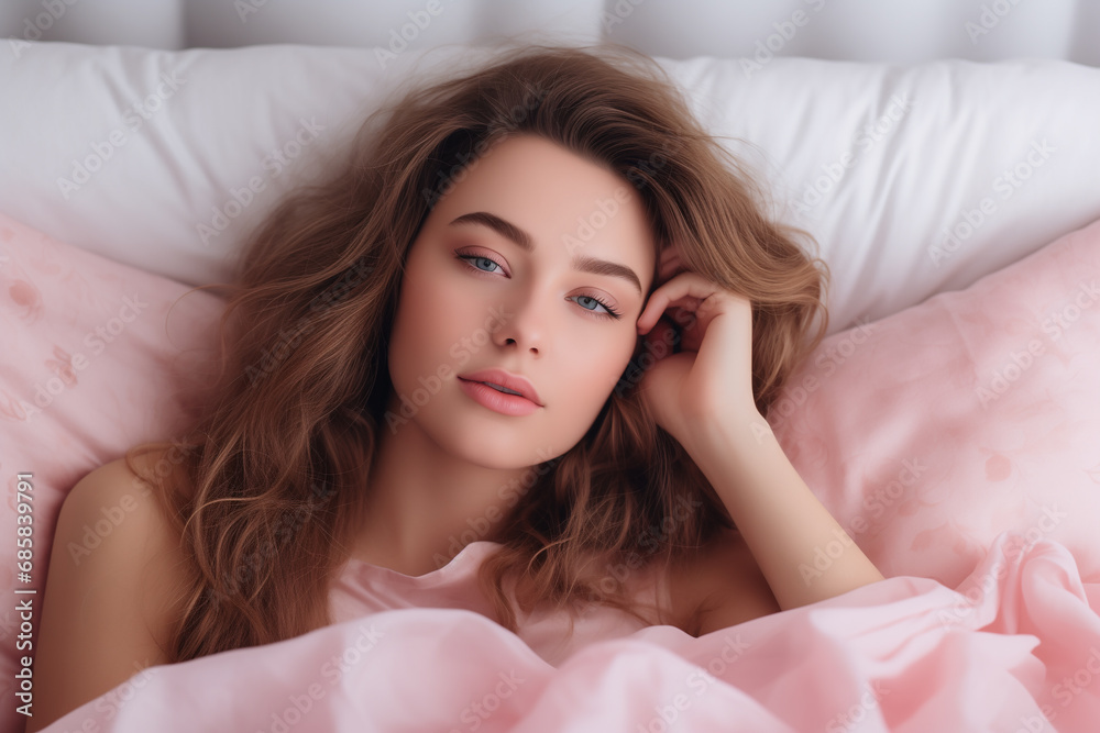 Portrait of young beautiful lady in comfortable bed. Rest And Relax Concept. Bedroom furniture, bedding concept. Wellbeing Portrait of young beautiful lady in comfortable bed. Rest And Relax Concept. Bedroom furniture, bedding concept. Wellbeing