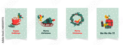 Cartes de vœux illustrées pour Noël et réveillon avec des decoration traditionnels comme la couronne de houx, les cadeaux un sapin une luge et des oiseaux colorés sur un fond de neige