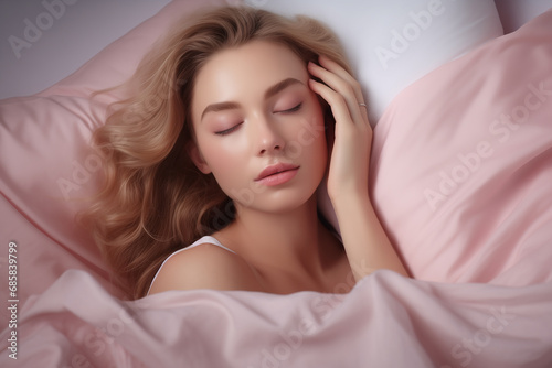 Portrait of young beautiful lady sleeping single in comfortable bed. Rest And Relax Concept. Bedroom furniture, bedding concept. Wellbeing
