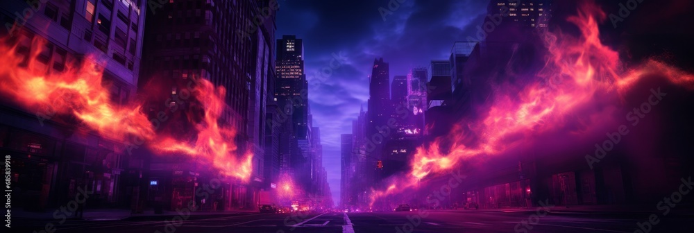 Apartment building fire in the city, skyscraper burning in neon purple colors, the problem of extinguishing high-rise houses, banner