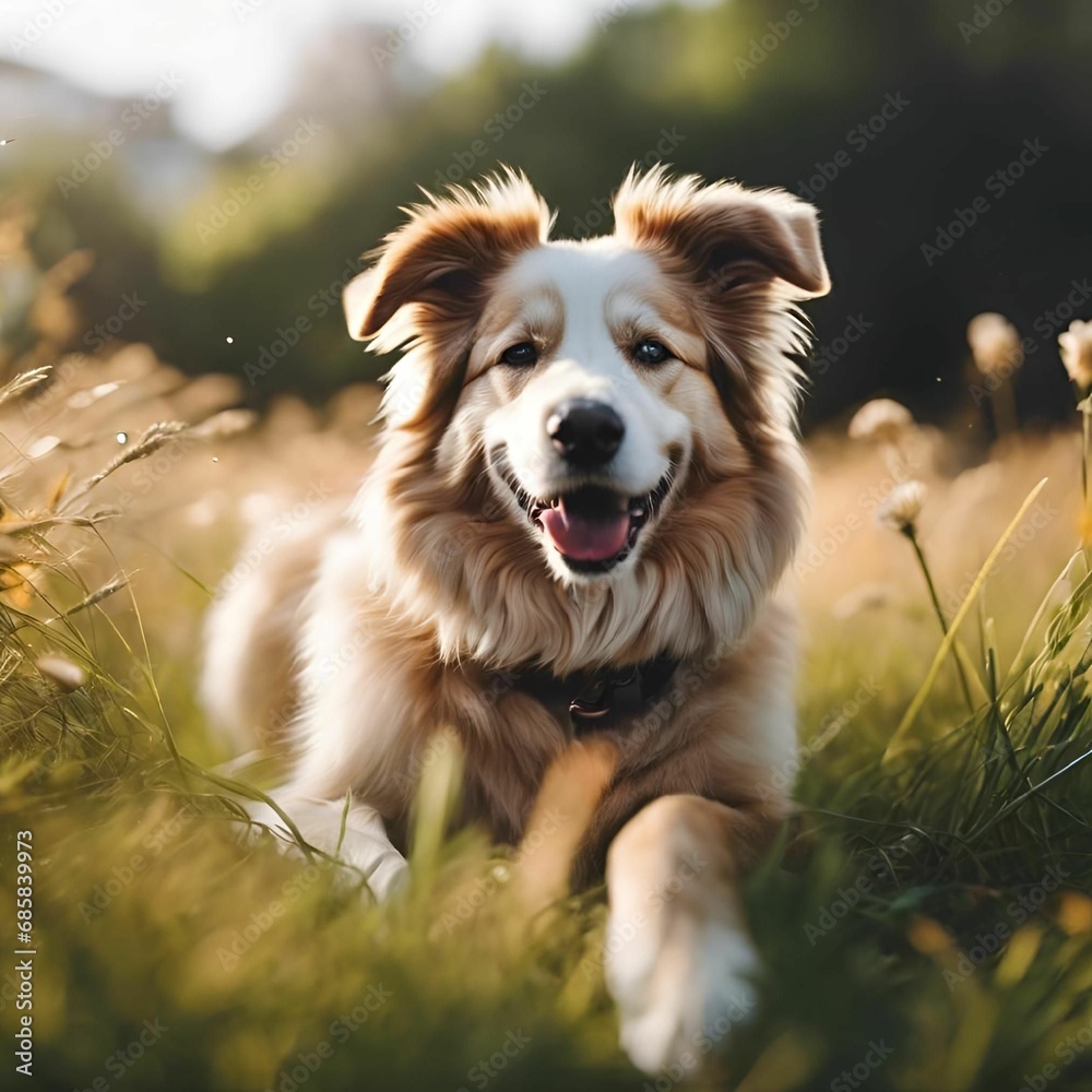 AI generated illustration of a white and brown spotted puppy lying on a lush green grassy hill