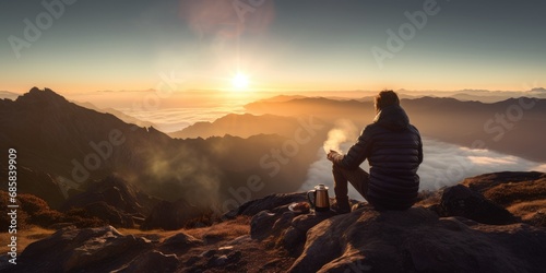 Hiker drinking coffee on a mountain peak with a breathtaking sunrise light view © piai