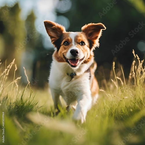 AI generated illustration of a canine with a collar sprints through a lush grassy field