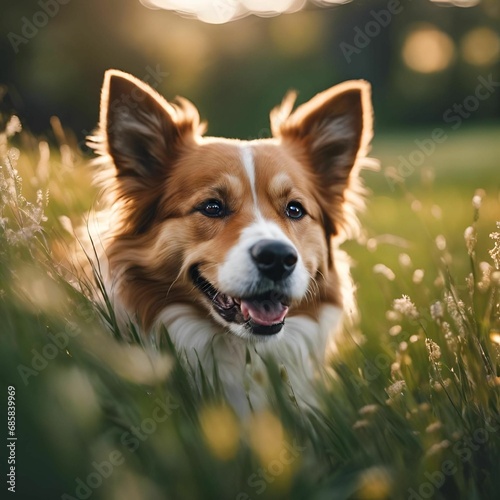 AI generated illustration of a Labrador retriever lying in a field of tall grass and wildflowers