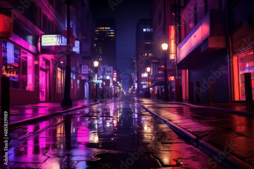 Night city  empty city streets after sunset in neon purple color