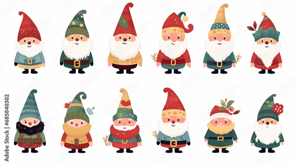simple vector illustration set, isolated on a white background, Free vector hand drawn flat christmas gnomes collection. Vector element for christmas card, christmas invitation.