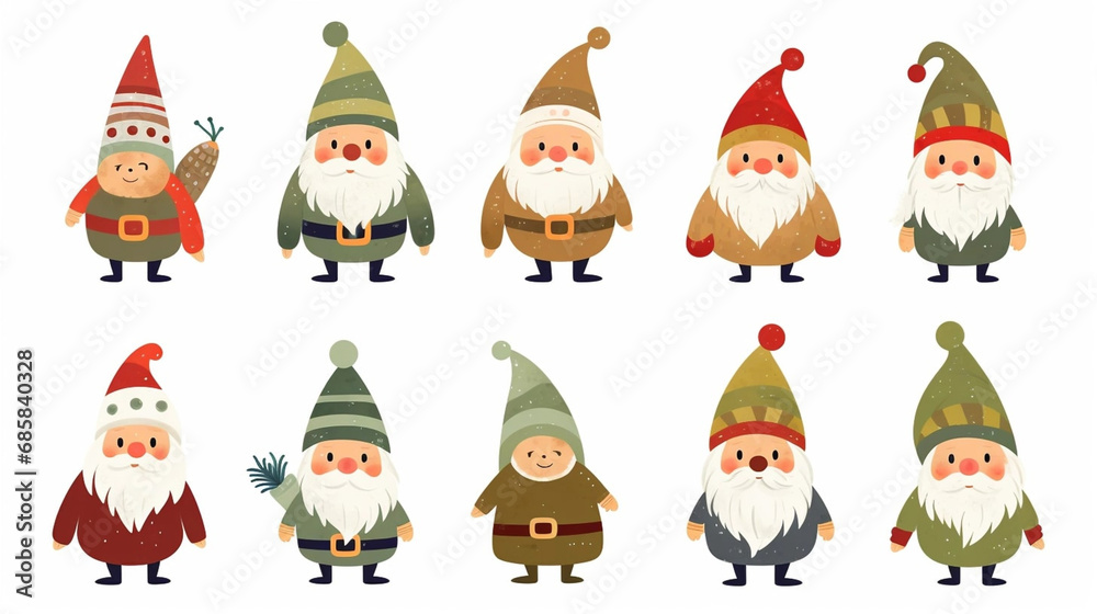 simple vector illustration set, isolated on a white background, Free vector hand drawn flat christmas gnomes collection. Vector element for christmas card, christmas invitation.