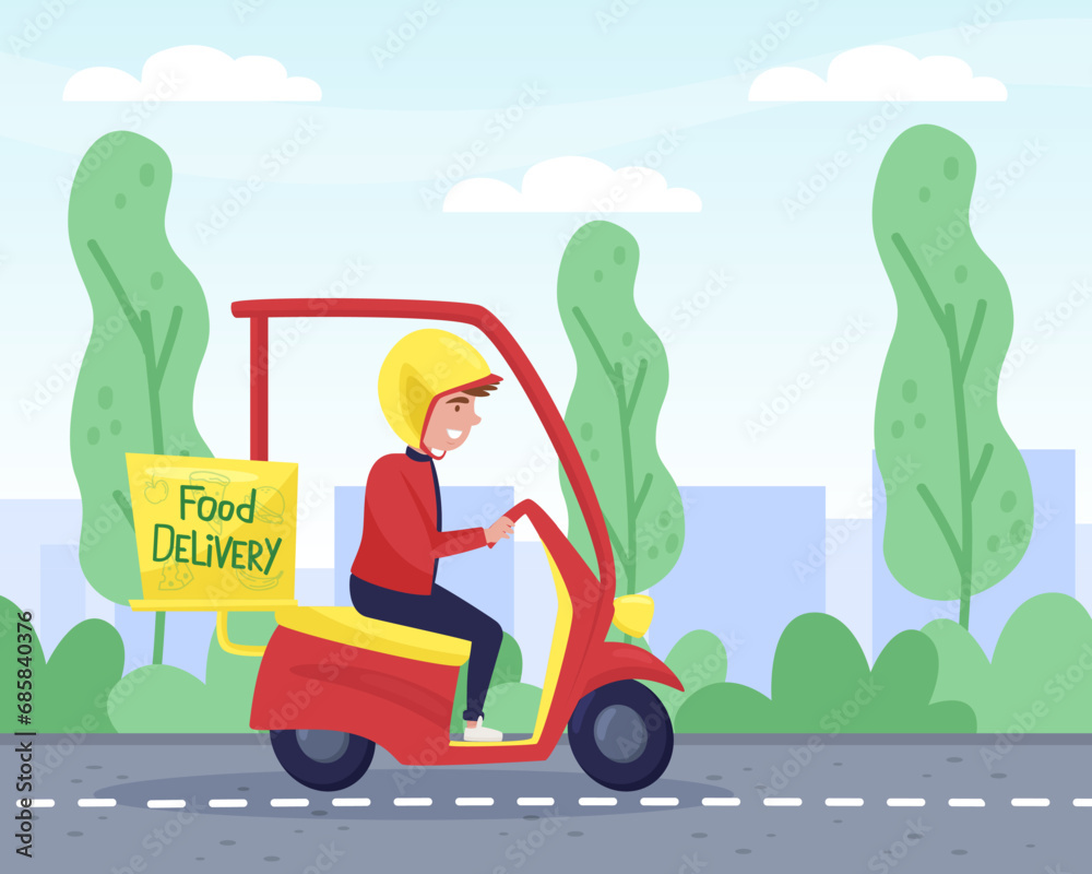 Food Delivery Service with Man Courier Drive Vehicle by the Road Vector Illustration