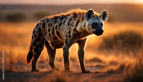 Hyäne Dingo schleicht beobachtend durch Gras in Savanne, Serengeti, Afrika auf der Suche nach Fleisch Beute als Jäger, gefährliche wild lebende Tiere Raubtiere grazil mit Fell in Gruppe lebend