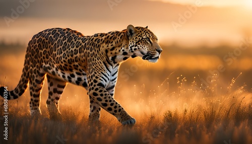 Fotografiet Jaguar, Panther oder Gepard schleicht beobachtend durch Gras in Savanne, Serenge
