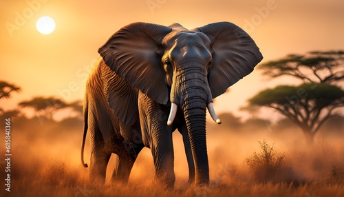 gro  er afrikanischer Elefant allein mit Elfenbein Sto  z  hnen R  ssel  in goldener Stunde  wild lebende Tiere in Afrika oder Australien  Savanne Serengeti  Nationalpark  Safari  Kenia Graslandschaft  