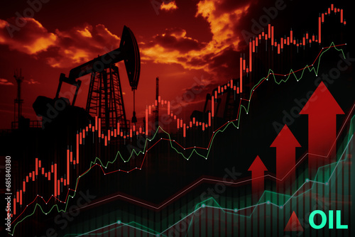 Oil pump jacks with stock market graphs and upward arrows symbolizing profit