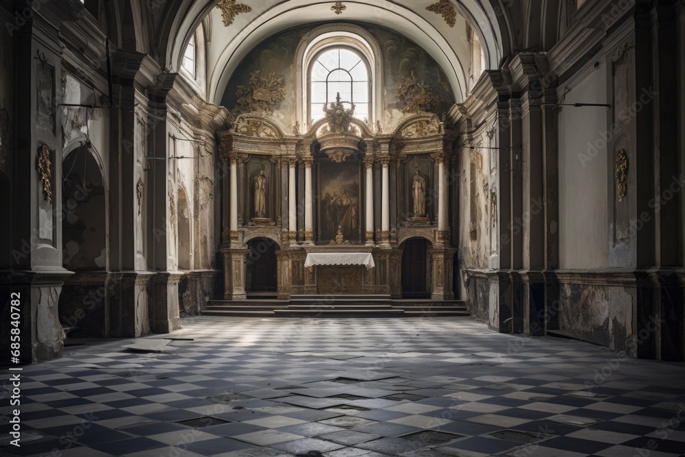An image of an empty church with a checkered floor. Suitable for religious, architectural, or historical themes.
