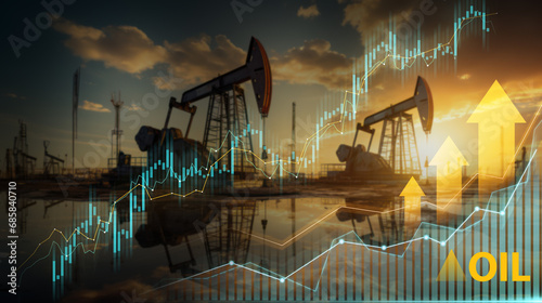 Oil pump jack silhouette with financial graphs at sunset symbolizing energy market growth photo