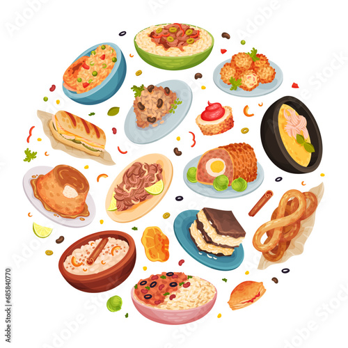 Cuban Food Round Composition Design with Tasty Served Dish Vector Template