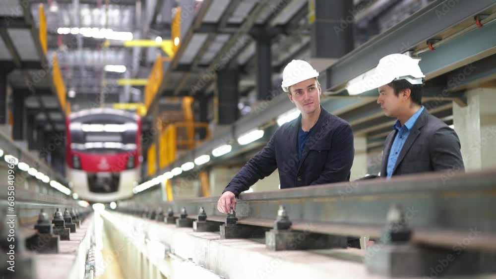 Vidéo Stock Engineer with blueprints prepare to inspect electric train ...