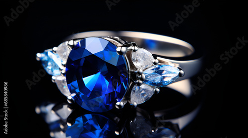 Ethereal Elegance  A Timeless Ring with a Captivating Blue Stone Set Against a Dramatic Black Background