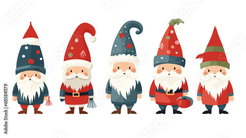 simple vector illustration set, isolated on a white background, Free vector hand drawn flat christmas gnomes collection. Vector element for christmas card, christmas invitation.