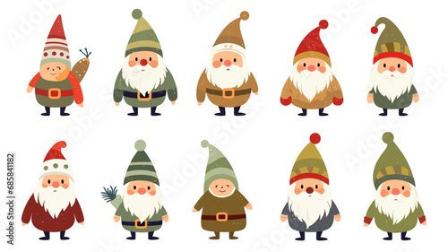 simple vector illustration set  isolated on a white background  Free vector hand drawn flat christmas gnomes collection. Vector element for christmas card  christmas invitation.