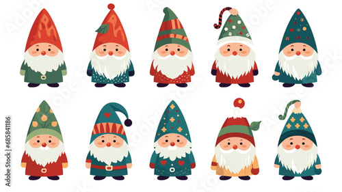 simple vector illustration set, isolated on a white background, Free vector hand drawn flat christmas gnomes collection. Vector element for christmas card, christmas invitation.