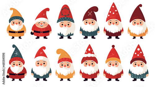 simple vector illustration set  isolated on a white background  Free vector hand drawn flat christmas gnomes collection. Vector element for christmas card  christmas invitation.