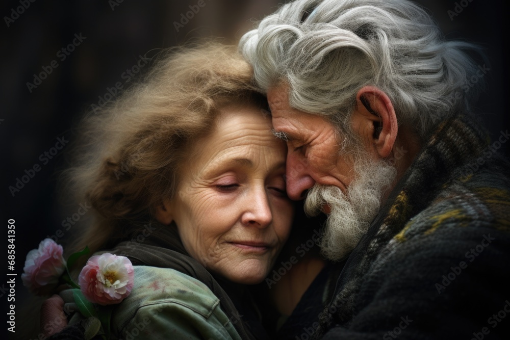 Obraz premium A picture of a man and a woman embracing each other. This image can be used to represent love, romance, relationships, or to illustrate affection between two people.