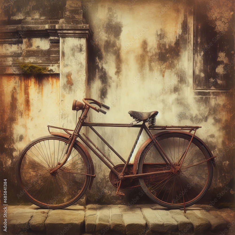 old bicycle in front of old brick wall