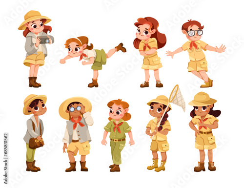 Cute Children Wear Safari Costume and Hat Vector Set