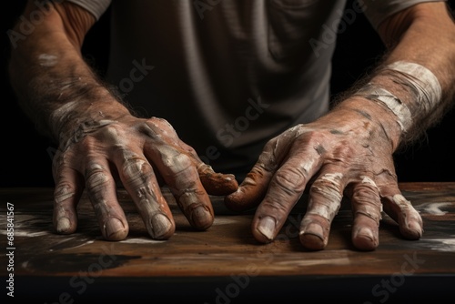 A close-up view of a person's hands resting on a table. This image can be used to depict concepts of work, productivity, teamwork, or communication in various industries.