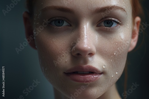 A close-up view of a woman's face with water droplets covering her skin. This image can be used to depict refreshment, cleansing, or the feeling of being rejuvenated. © Ева Поликарпова