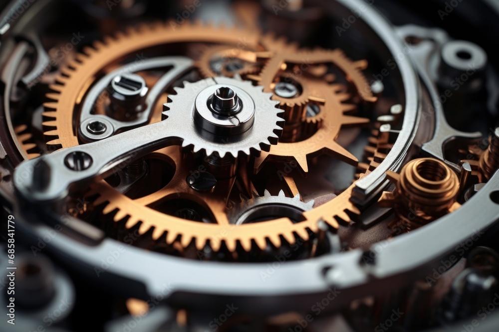 A detailed close up view of a clock with visible gears. This image can be used to depict time management, precision, mechanics, or the concept of time running out.