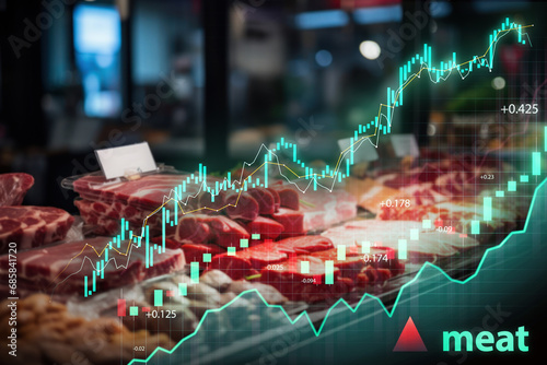 Fresh cuts of meat displayed with superimposed financial growth charts indicating market trends.