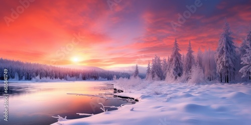 The beautiful sunrise in winter with a peaceful and magnificent scene. The entire scenery gives a feeling of tranquility, calmness and calmness, immersing them in the beauty of nature © piai
