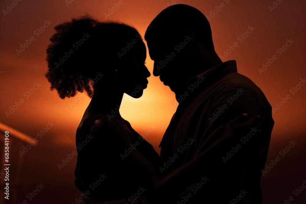 A captivating silhouette of a man and a woman standing together. Perfect for conveying love, partnership, and togetherness. Ideal for various projects and themes.