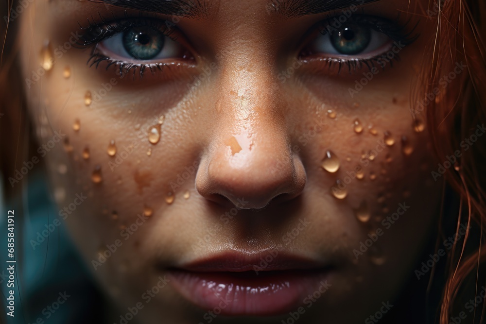 A close-up view of a woman with water droplets on her face. A close-up view of a woman with water droplets on her face.
