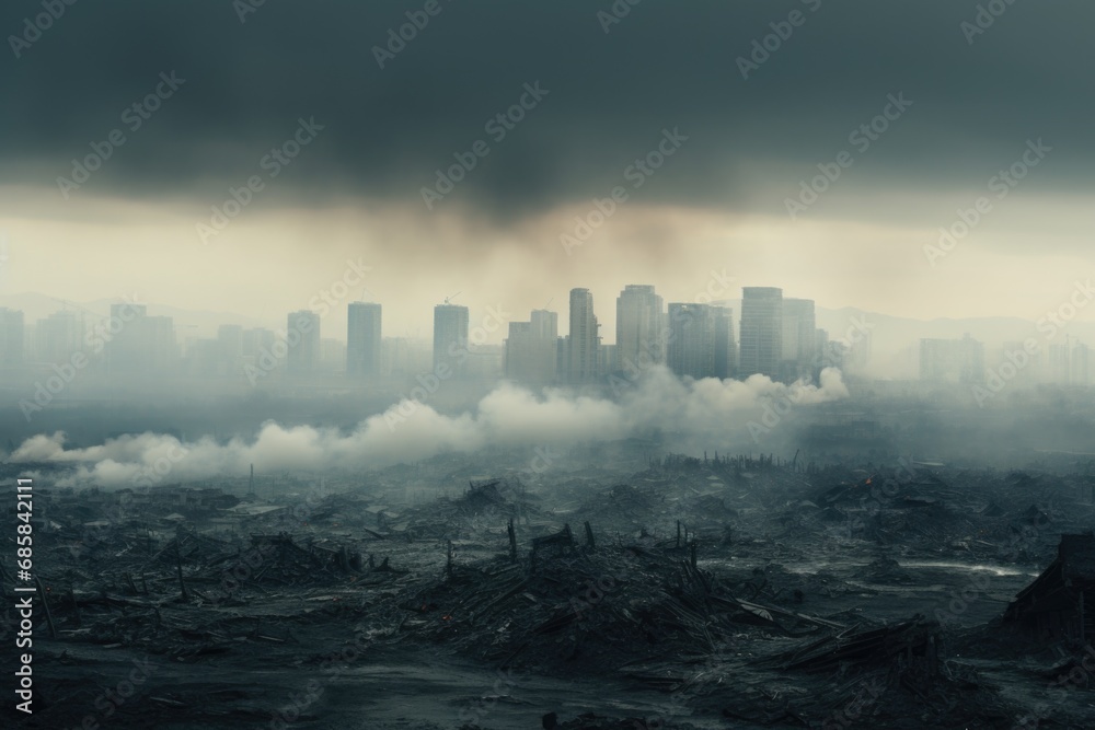 A captivating view of a city engulfed in thick smoke. This image can be used to depict pollution, environmental issues, urban landscape, or the effects of industrialization. A captivating view of a city engulfed in thick smoke. This image can be used to depict pollution, environmental issues, urban landscape, or the effects of industrialization.
