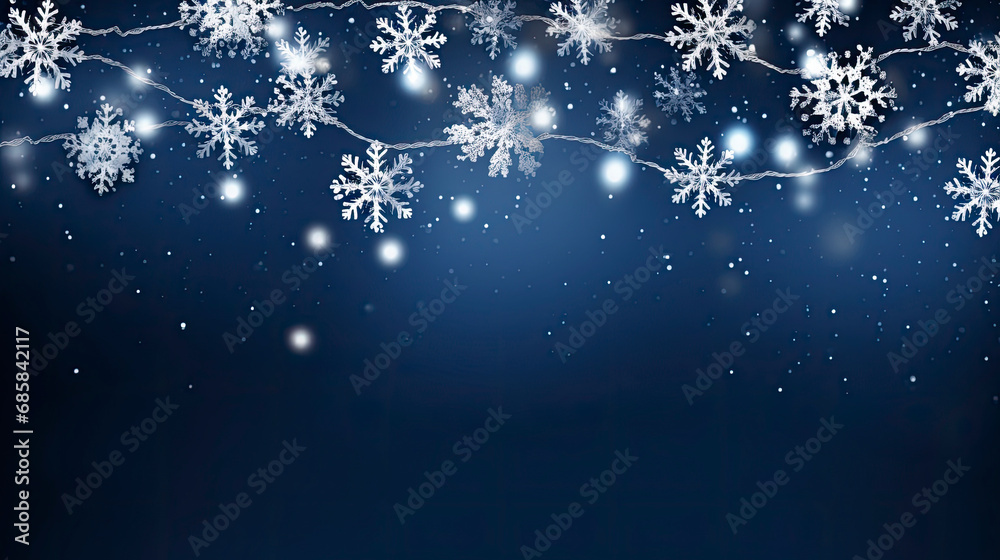 Festive Christmas banner with place to copy text and LED garland on dark blue background with white snowflakes around. Winter seasonal decor, creating atmosphere of celebration and comfort. Copy space Festive Christmas banner with place to copy text and LED garland on dark blue background with white snowflakes around. Winter seasonal decor, creating atmosphere of celebration and comfort. Copy space
